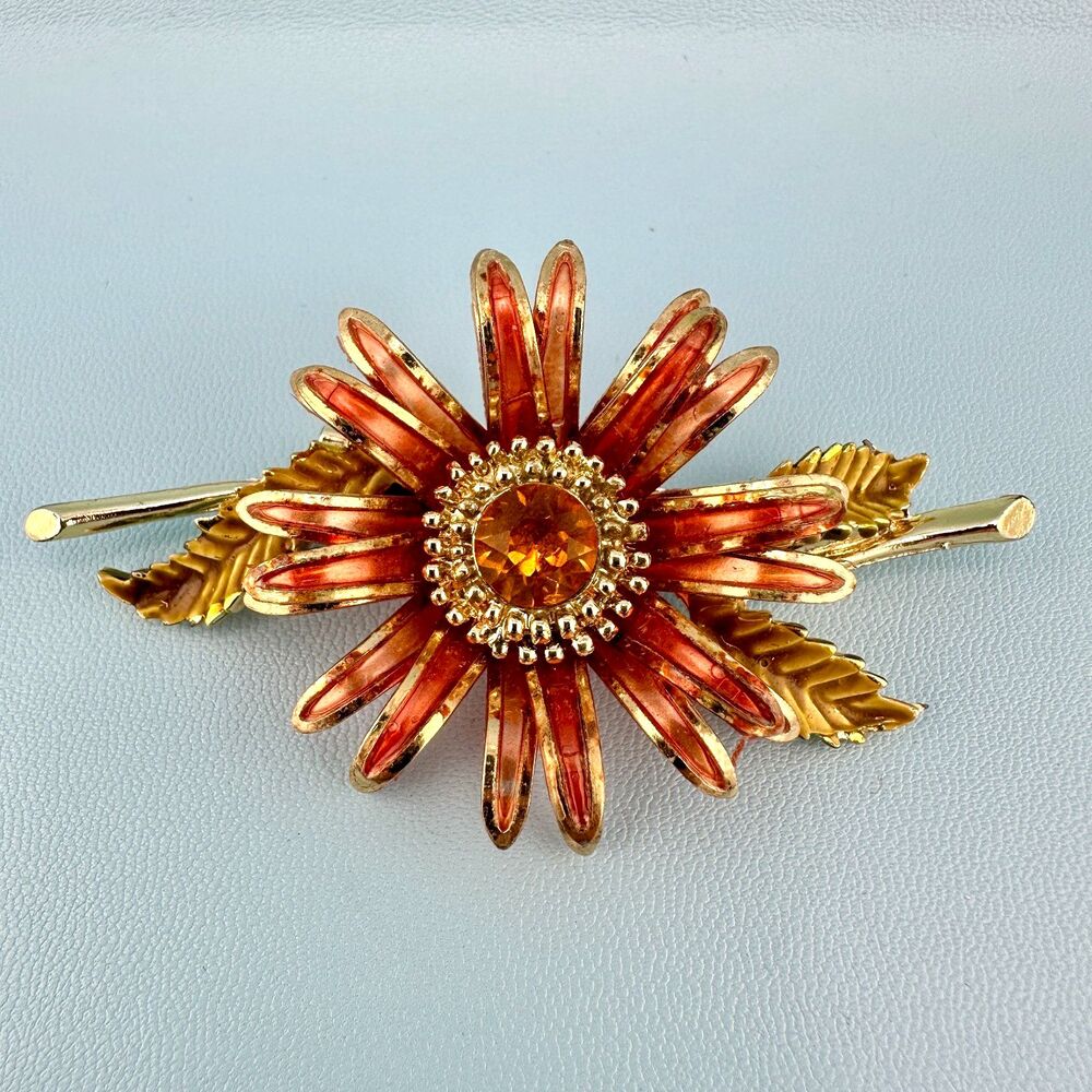 Vintage Coro Flower Brooch Orange Enamel Daisy on Branch Rhinestone Center
